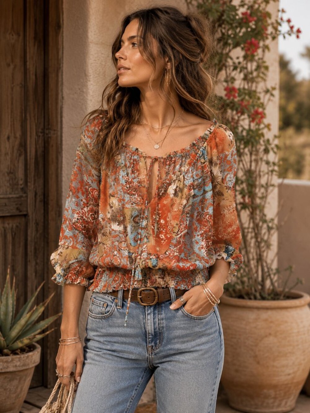 Violet & Claire Boho Peasant Blouse Multicolor Sheer Paisley Patchwork Top M
